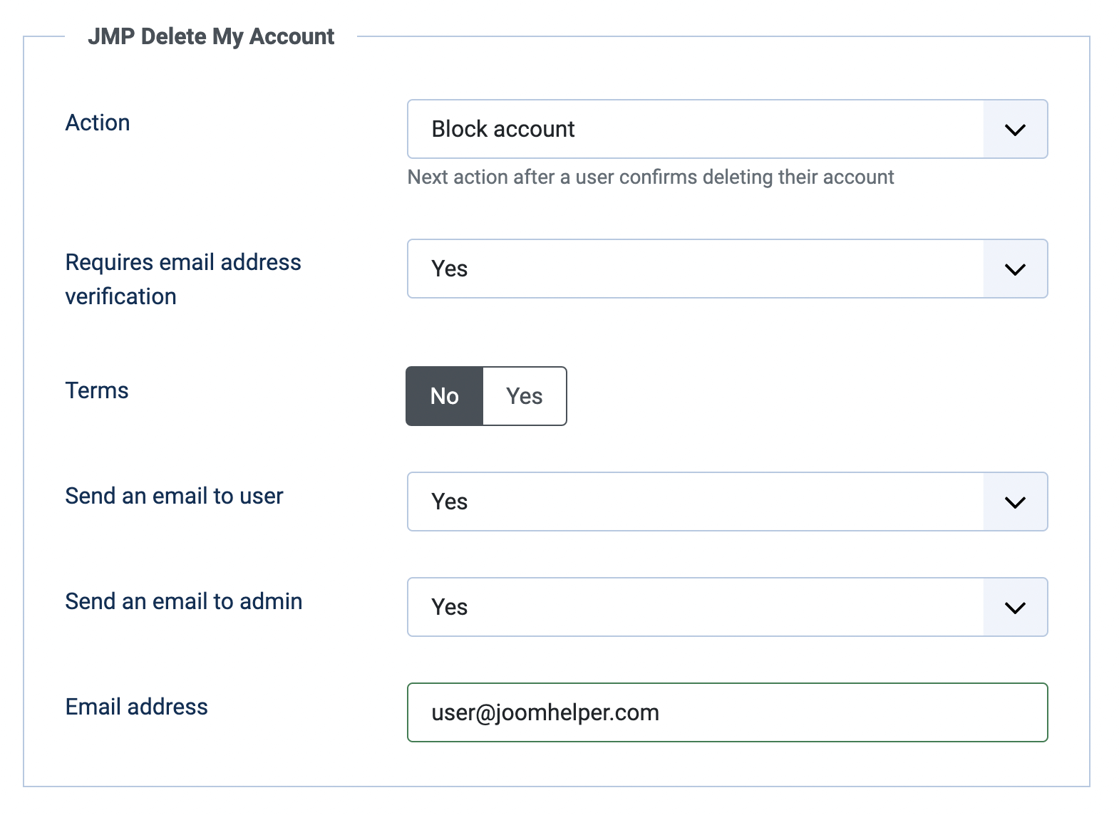 Delete My Account configuration