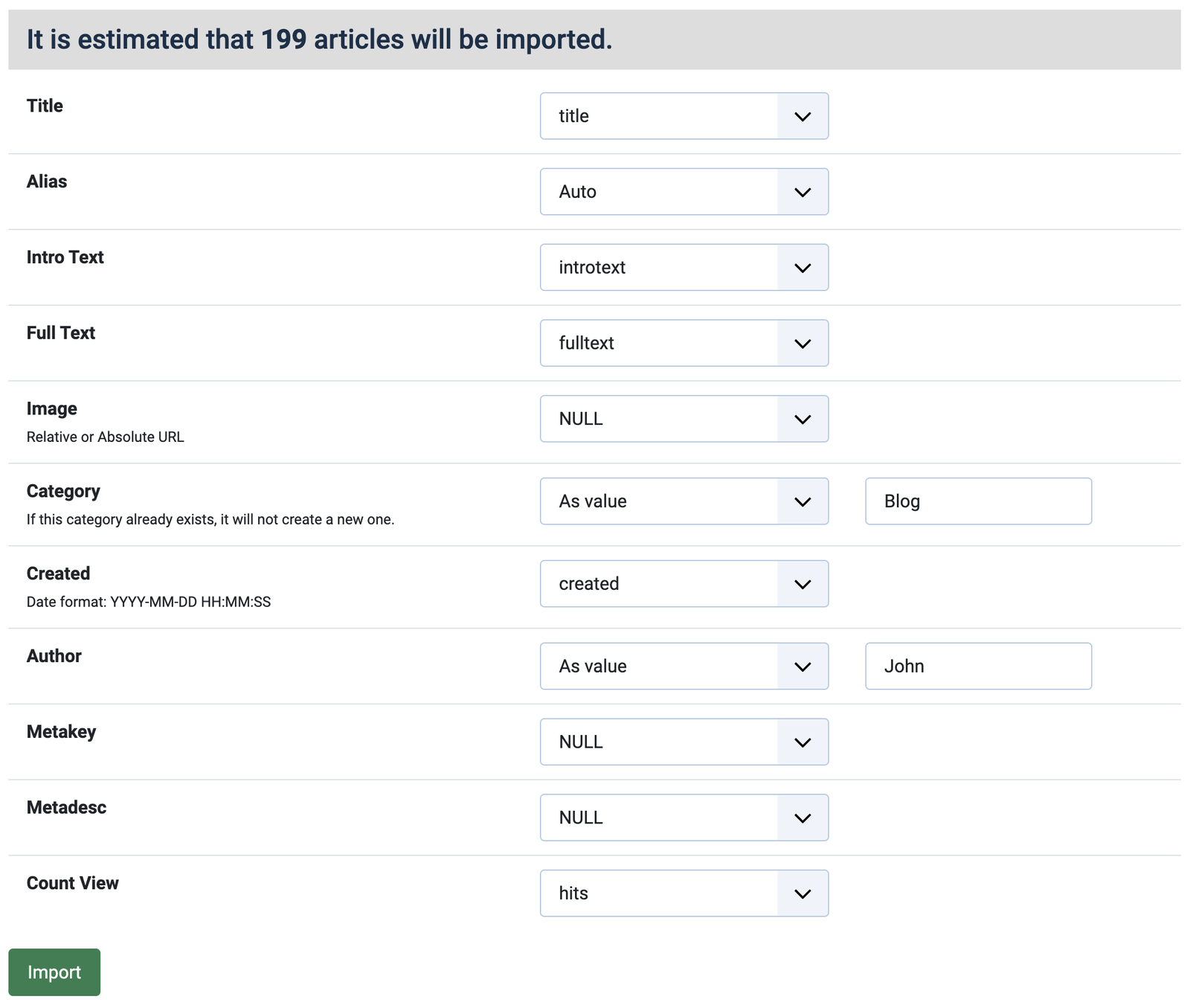 Joomla csv to content UI.