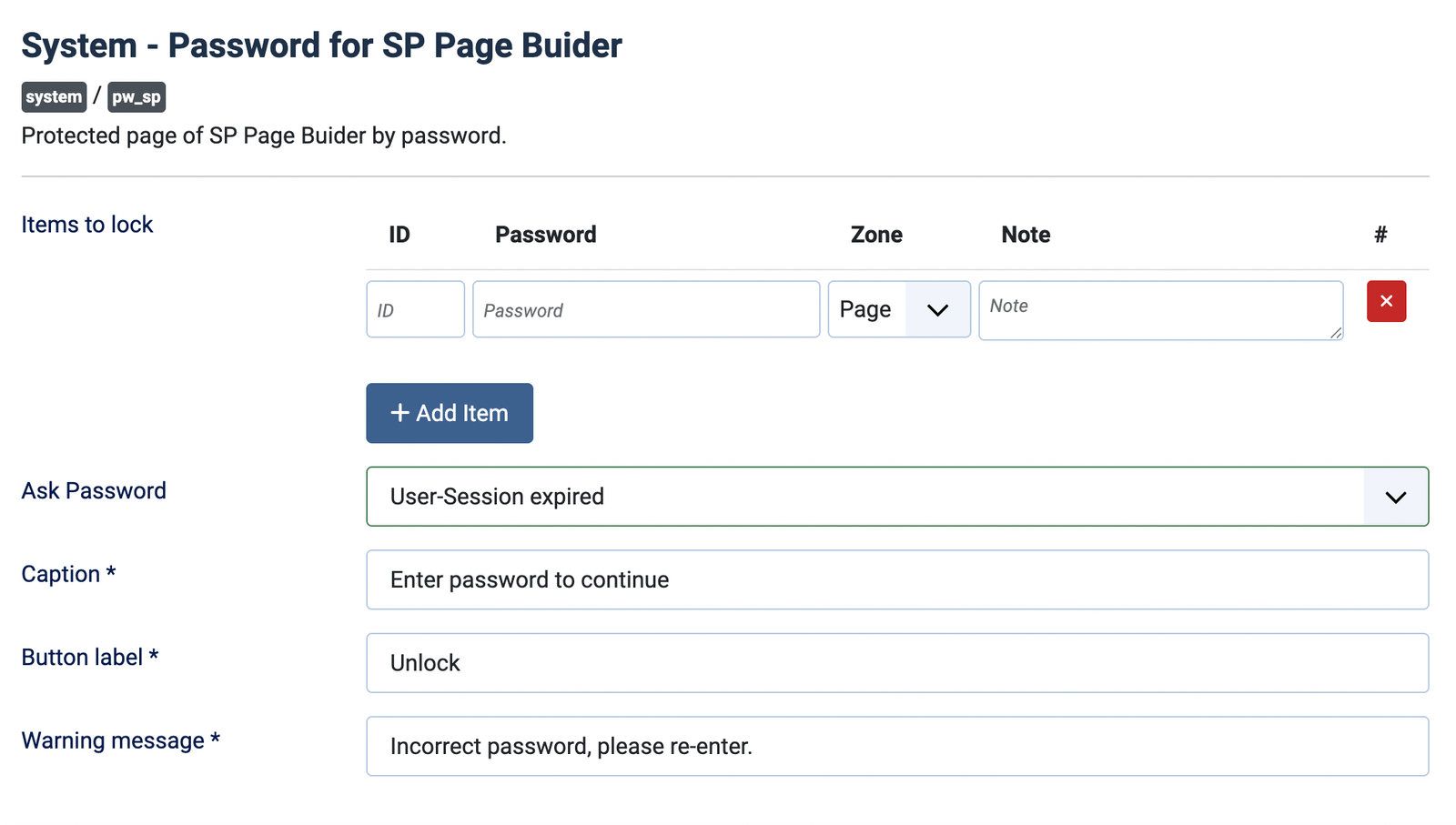 Password to protect an item of SPPB