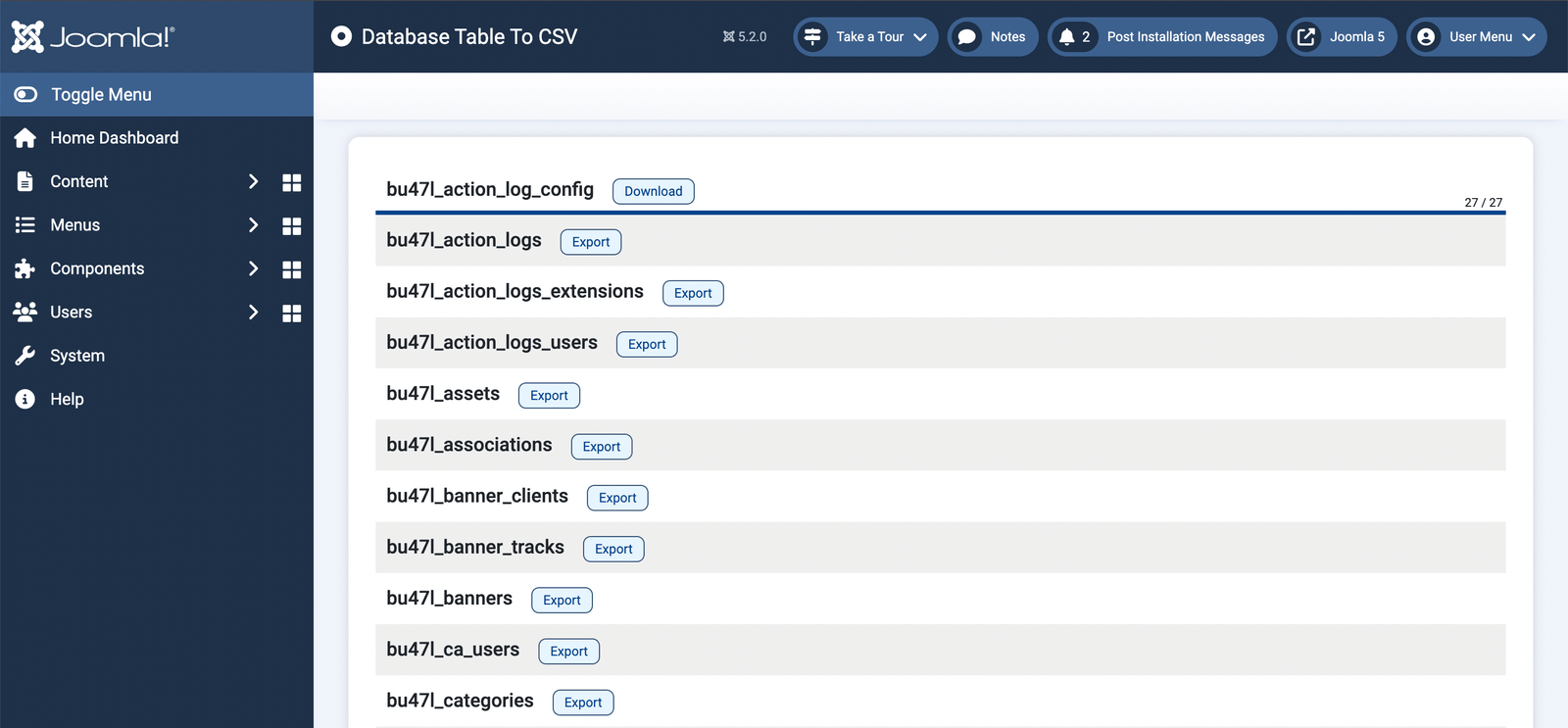 Joomla export database table to CSV file.